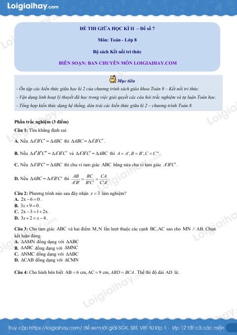 Đề thi giữa kì 2 Toán 8 - Đề số 7 - Kết nối tri thức